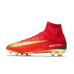 the nike mercurial soccer shoe is shown in red and gold