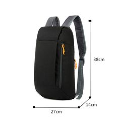 a black backpack with an orange ribbon on the front and back straps, measurements for it