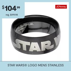 Show your appreciation for the movie that started this galactic phenomenon with this dome ring. Crafted of black stainless steel with bold, block stainless steel letters. Arrives in a gift box.Jewelry photos are enlarged to show detail.Ring Style: BandsFeatures: Quick ShipCharacter: Star WarsMetal Color: BlackRing Gallery Height: 1.6mmBand Width: 11mmCare: Wipe CleanMetal: Stainless SteelCountry of Origin: Imported Pokemon Star Wars, Gift Box Jewelry, Trick Or Treat Studios, Jewelry Photos, Star Wars Logo, Collectible Trading Cards, Dome Ring, Stainless Steel Ring, Ring Color