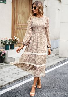 Elegant Round Neck Dress - Autumn/Winter - Brown,S Floral Print 3/4 Sleeve Midi Dress For Fall, Non-stretch Long Sleeve Sweater Dress For Fall, Fall Leopard Print Knee-length Midi Dress, Dress Layered, Midi Dress Fall, Full Dress, Round Neck Dresses, Lace Ruffle, Elegant Dresses Long