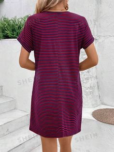 SHEIN USA Casual V-neck T-shirt Dress, Casual Striped Shift Dress, Blue Casual T-shirt Dress For Spring, Casual Blue T-shirt Dress For Spring, Casual Long Sleeve T-shirt Dress, Casual Cotton V-neck T-shirt Dress, Casual Blue Short Sleeve T-shirt Dress, Casual Blue Cotton T-shirt Dress, Casual T-shirt Dress