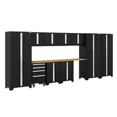 a black garage cabinet with drawers and shelves