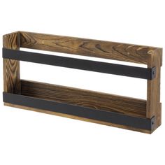 a wooden shelf with black metal straps on the top and bottom, against a white background