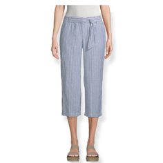 Nwt Liz Claiborne Blue & White Striped Belted Crop Pants Feature A Stretch Waist And Lightweight Linen Feel - Perfect For Hot Summer Days!!! Flat Front, Belted Style With A Front Hook & Eye/Zipper Closure And 4 Pockets (2 Side Slip Pockets In The Front And 2 Button Pockets In The Back). Lightweight, Loose Fit, And Partial Stretch Waistband That Sits At The Waist. Linen/Cotton Blend - Machine Washable. Size - M. Approx. Measurements: 17" - Waist (Laying Flat), 22" - Inseam, 11" - Rise (Front), An Casual Belted Ankle-length Pants, Spring Ankle-length Pants With Tie Waist, Casual Blue Bottoms With Tie Waist, Blue Cropped Leg Bottoms For Day Out, Casual Vacation Bottoms With Belt, Casual Blue Belted Bottoms, Casual Belted Bottoms For Vacation, Blue Belted Summer Bottoms, Blue Tie-waist Bottoms For Day Out