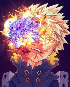 an anime character with flowers in his hair, wearing a black jacket and blue eyes