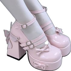 Cute Platform Heels With Block Heel, Harajuku Style Heels For Spring, Cute Platform Heels With Round Toe, Cute Synthetic Block Heel Shoes, Cute Block Heel Synthetic Heels, Harajuku Style Pink Party Heels, Pink Harajuku Style Party Heels, Pink Kawaii Closed Toe Heels, Pink Harajuku Heels For Party