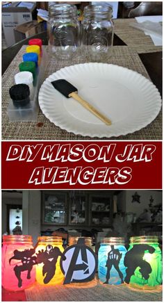 mason jars with the words diy mason jar avengerss painted on them are sitting on a table