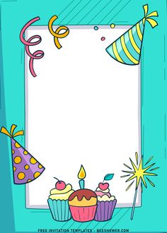 a birthday card with cupcakes and party hats on the side, next to a blank