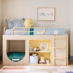 a child's bedroom with a bunk bed and bookshelf