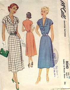 "A Misses Dress with Button Front Bodice. The bodice has a cap sleeve, a \"V\" neck and a lovely detailed collar. The skirt is a 4 gore with a slight flare. Copyright 1950   Size 14  Bust 32 in  Waist 26.5 in  Hip 35 in This is printed, cut, and complete. The envelope is in good vintage condition with tears around the edges and discoloration from age.  faded printing on the front cover.  All patterns are mailed in quality archival storage sleeves." Retro Vintage Dress With Button Closure, Vintage Midi Dress With Buttons, Retro Dresses With Buttons For Vintage Fashion, Retro Vintage Dress With Buttons, Retro Short Sleeve Dress With Buttons, 1950s Vintage Dress With Buttons, 1950s Style Vintage Dress With Buttons, Retro Vintage Dress With Buttons For Daywear, Retro Dresses With Buttons