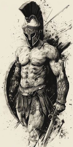 a black and white drawing of a spartan