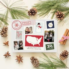 a christmas card surrounded by pine cones and cinnamons