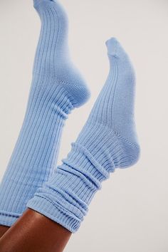 Just as versatile as they are vintage-inspired, these super cool socks are featured in a high-rise silhouette, perfect for wearing up to the knee or scrunching down for a more effortless style. * Super high needle count for detailing * Hand-closed toe for extra comfort * 1x1 rib for a super smooth feel | Super Scrunch Solid Socks by Hansel From Basel at Free People in Blue Trendy Blue Knee-high Socks For Winter, Casual Blue Socks For Fall, Casual Fall Blue Socks, Stretch Blue Socks For Spring, Blue Stretch Socks For Spring, Trendy Ribbed Knee-high Socks For Spring, Trendy Stretch Blue Socks, Trendy Blue Socks For Spring, Trendy Blue Socks For Winter