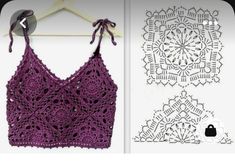 the crocheted top is hanging on a hanger next to it's knitting pattern