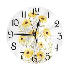 a clock with yellow flowers painted on it's face and numbers around the hands