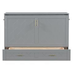 a gray dresser with two drawers and gold handles on it's sides, against a white background