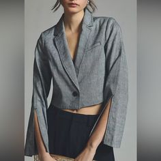 Anthropologie Grey Heather Bell Sleeve Blazer. New With Tags. Chic Fitted Cotton Cropped Jacket, Trendy Fitted Cropped Jacket With Lapel Collar, Chic Fitted Tops With Pockets, Formal Cropped Jacket With Lapel Collar For Spring, Fall Cotton Blazer For Day Out, Cotton Blazer For Fall Day Out, Fall Day Out Cotton Blazer, Chic Fitted Button-up Cropped Jacket, Chic Tops With Lapel Collar For Fall