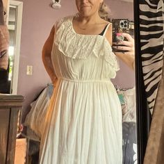 Long, Flowy, Sexy, And Fun Off White Summer Dress. At 5’5” This Goes To My Calf’s And Has A Built In Slip To Avoid See Through. Adjustable Right Shoulder Strap Adjacent To A Gorgeous Detailed Left Strap And Elastic Waist. Perfect For Date Night, Summer Weddings, Or Your Next Brunch With The Ladies. Brand New With Tags Make An Offer And It’s Yours Ladies. Date Night Summer, Yellow Flower Dress, Navy Summer Dress, White Ruffle Dress, One Sleeve Dress, Night Summer, White Summer Dress, Yellow Floral Dress, Elastic Waist Dress