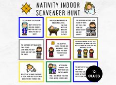 the nativity indoor scavenger hunt is shown with instructions for children to use