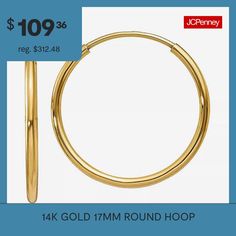 Features: Quick ShipEarring Back: HingedShape: RoundMetal Color: YellowEarring Length: 17mmEarring Width: 1.2mmCare: Wipe CleanEarrings Style: Hoop EarringsMetal: 14k GoldCountry of Origin: Imported Hoop Earrings, Gold, Color