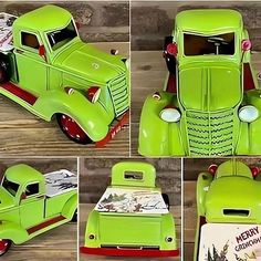 the green toy truck has pictures of it