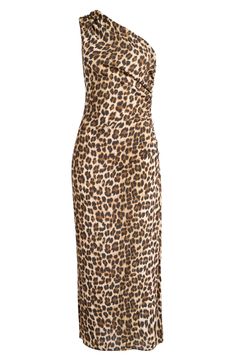 Striking leopard spots embolden this shoulder-baring dress accented with soft pleats. One-shoulder neck Lined 100% viscose Dry clean Imported Leopard Print Summer Dress For Work, Summer Workwear Dress In Leopard Print, Elegant Sleeveless Leopard Print Midi Dress, Chic Leopard Print Midi Dress, Elegant Leopard Print Midi Dress, Red Cocktail Dress, Leopard Spots, Leopard Dress, Khaki Dress