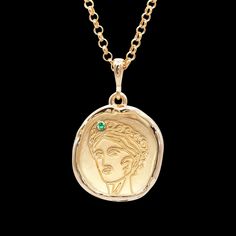 Gaia 18k gold coin medallion necklace with emerald, inspired by greek mythology. Ethically sourced and sustainably crafted; 3% of profits go to the Animal Welfare Institute. Necklace With Emerald, Gaia Goddess, Common Era, Goddess Necklace, Gold Coin Necklace, Coin Pendant Necklace, Medallion Necklace, Gold Coin, Animal Welfare