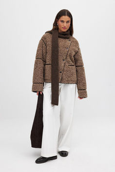 Faux Fur PU Details Jacket Brown Shearling Outerwear For Fall, Brown Shearling Outerwear With Faux Fur Trim, Brown Shearling Outerwear For Winter, Brown Leather Jacket With Faux Fur Trim For Winter, Winter Brown Shearling Outerwear, Brown Fur Coat With Button Closure For Fall, Brown Winter Fur Coat With Button Closure, Brown Shearling Outerwear With Faux Fur Lining, Brown Shearling Fur Coat With Long Sleeves