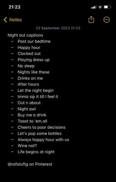 an iphone screen with the text'night out captions'in black and yellow