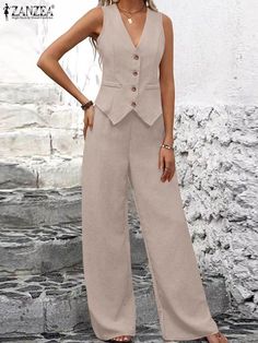 Elegant OL Work Tanks Tops Wide Leg Trousers Suits ZANZEA Fashion Women's Tracksuit Summer 2PCS Sleeveless Blazer Vest, Work Tank Tops, Elegant Tank Tops, Elegant Fashion Outfits, Set Clothes, Elegant Pant, Lit Outfits, Sleeveless Blazer, Office Wear Women