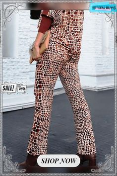 High Elasticity Regular Fit Geometric Fashion Long Pants Printed Brown Bottoms For Spring, Chic Summer Bottoms With Geometric Pattern, Wide Leg Bottoms With Geometric Pattern For Spring, Chic Printed Pants For Fall, Chic Printed Fall Pants, Fall Trousers With Prints, Chic Printed Ankle-length Bottoms, Chic Ankle-length Printed Bottoms, Fitted Straight Pants With Printed Details