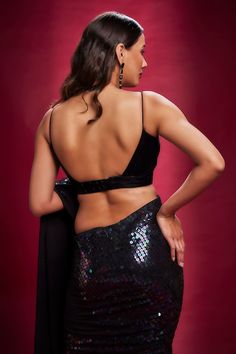 Black saree with all-over sequin embellishments. Comes with strappy velvet bralette. - Aza Fashions Sarees Black, Embellished Saree, Hindi Serial, Sequins Saree, Saree Backless, Girls Dresses Diy, Indian Wedding Outfit, Backless Blouse Designs, Serial Actress