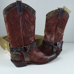 Bed Stu Boots Cisalpine Style Cowboy Boots Western Theme W Harness Straps Heavily Distressed Leather Weathered Hardware For Vintage Look Beautiful Leatherwork Riveted Toe Cap Leather Upper And Lining About 1.25” Heel Handcrafted, Bench Made In Mexico Brand New In Box (Sans Lid) Pricing Is Fair And Quite Firm For The High End Item . Please Let Us Know If You Have Any Questions. Rustic Leather Moto Boots For Rodeo, Burgundy Leather Closed Toe Boots, Rustic Leather Moto Boots With Snip Toe, Leather Moto Boots With Pointed Toe For Western Events, Red Leather Boots With Buckle Closure, Rodeo Boots With Buckle Closure And Round Toe, Red Leather Boots For Ranch, Rustic Leather Boots With Pointed Toe, Western Burgundy Boots With Round Toe