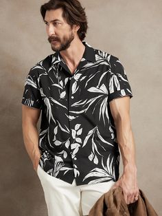 Cotton-Linen Resort Shirt | Banana Republic Black Relaxed Fit Camp Shirt For Vacation, Hawaiian Camp Shirt With Camp Collar For Vacation, Tropical Shirt With Camp Collar For Vacation, Tropical Vacation Shirt With Camp Collar, Tropical Camp Collar Shirt For Vacation, Summer Camp Shirt With Camp Collar For Vacation, Casual Camp Shirt With Camp Collar For Vacation, Black Camp Collar Shirt For Vacation, Relaxed Fit Short Sleeve Shirt For Vacation