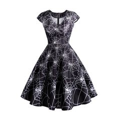 1940s Inspired Dress, Spiderweb Dress, Halloween Colors, Skater Style Dress, Colors Dress, Dress With Cap Sleeves, Formal Wear Women, Mid Skirt, Black Spider