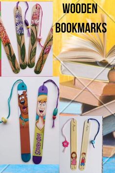 wooden bookmarks with cartoon characters on them and the words, wood booksmarks