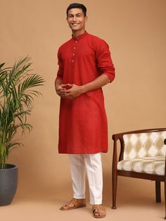 SHVAAS by VASTRAMAY Men's Maroon Cotton Handloom Kurta with White Cotton Pant Set Elevate your ethnic wardrobe with this elegant maroon cotton handloom kurta paired with white cotton pants from SHVAAS by VASTRAMAY. Perfect for festive occasions or casual gatherings, this set offers comfort and style. Features: Color: Maroon Kurta, White Pant Fabric: Cotton Handloom Neck: Mandarin Collar Sleeves: Full Sleeves Fit: Regular Fit Occasion: Festive, Casual Wash Care: Hand Wash Specifications: Brand: S Handloom Kurta, Kurtas For Men, White Cotton Pants, White Pant, Maroon Color, Full Sleeves, Style Statement, Pant Set, White Pants