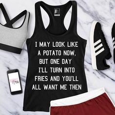 POTATO INTO FRIES Gym Tank Top Black Funny Workout Tank Top Black Activewear For Workout With Text Print, Black Slogan Tops For Gym, Black Slogan Gym Top, Black Text Print Top For Gym, Gym Plan For Women, Workout Tank Tops Funny, Funny Workout Tanks, Gym Plan, Funny Workout Shirts