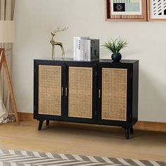 a black cabinet with wicker doors and two plants on top, in front of a white wall