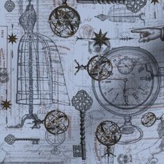 a clock and other items are depicted in this artistic wallpaper pattern that is hand - drawn