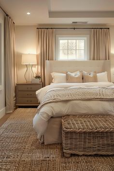 a large bed sitting under a window next to a basket on top of a rug