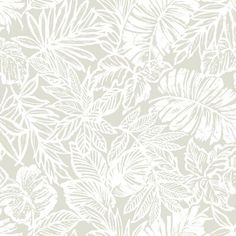 a white wallpaper with leaves and flowers on it's side, in shades of grey