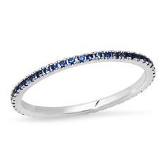 14K White Gold Blue Sapphire Eternity Band Fine Jewelry Sapphire Ring With Halo And Round Band, 14k White Gold Half Eternity Round Band, Classic Gemstone Eternity Band, Blue Sapphire Ring Channel Set, Classic Stackable Sapphire Ring, Classic Stackable Round Sapphire Ring, 14k White Gold Eternity Band For Promise Ring, 14k White Gold Eternity Promise Ring, Elegant Stackable Sapphire Ring