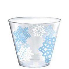 a clear glass with blue snowflakes on it