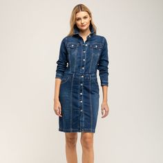 A classic fitted denim dress. Buttoned style with two regular pockets on the chest and seam details to create the perfect silhouette. The midi lenght makes it perfect for every day and more casual occasions 74% Cotton 24% Polyester 2% Viscose 2% Elasthane Wash Machine  30º ,  Press Medium  Temperature, Do  not  use spin-dry, Do not Bleach Elegant Button-up Denim Dress With Pockets, Elegant Denim Dress With Button Closure For Work, Elegant Denim Dress With Button Closure For Fall, Fitted Midi Denim Dress In Denim Blue, Fitted Denim Blue Midi Denim Dress, Denim Blue Workwear Dress With Buttoned Pockets, Fitted Denim Blue Midi Length Dress, Fitted Midi Length Denim Dress, Elegant Denim Dress With Button Closure