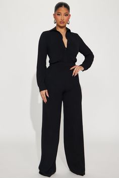 Available In Black, Mocha, And Chartreuse. Jumpsuit Collar Long Sleeve Button Up Wide Leg Non Stretch Inseam= 34" 100% Polyester Imported | Makenzie Jumpsuit in Black size 1X by Fashion Nova Black Two Piece Pant Set, Black Formal Women Outfit, All Black Semi Formal Women, Long Sleeve Work Outfit, All Black Wedding Guest Attire, Graduation Fits For Black Women, Black Graduation Outfit, Jumpsuit For Graduation, Black Button Down Outfit