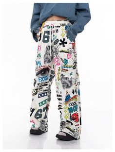 Unit (CM)  Size  Length  Waist  Hip Hem M 102 66 112 60 L 104 70 116 62 XL 106 74 120 64  Model ：165cm/50kg LSize Unique Pants, Colorful Graffiti, Painted Jeans, Wide Pants, Straight Pants, Graffiti Art, Skirt Pants, Diy Clothes, Effortless Style