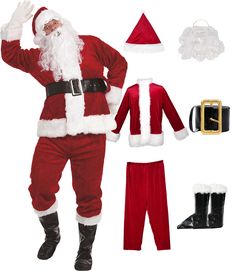 a man dressed up as santa claus and other christmas items including boots, gloves, belted pants and hat