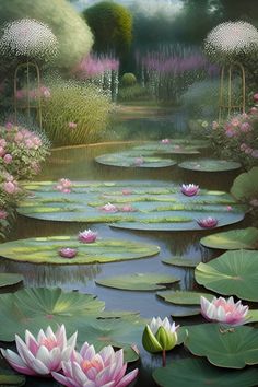 a painting of water lilies in a pond