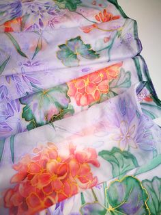 Hand painted Recherché silk scarf -Violet Brodiaea (Cluster lilies) flowers and coral geraniums in soft purple lavender air. Scarf painted on Ponge silk (sometimes called habotai). It is light, soft, just a little glossy and slightly sheer silk. ------------------------------------------------------------------------------------------------------------------ This scarf is MADE TO ORDER and available even in 6 OBLONG sizes and 3 SQUARES: 21x21 inches (55x55cm)- Very small square- Kerchief; wrist, Purple Silk Scarves With Floral Print, Artistic Purple Silk Scarves, Artistic Purple Silk Scarf, Elegant Purple Dupatta For Spring, Purple Silk Shawl For Wedding, Lilies Flowers, Short Scarves, Silk Chiffon Scarves, Small Scarf